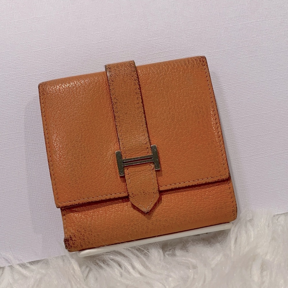 HERMES Wallet Bifold Compact Orange Snap Closure